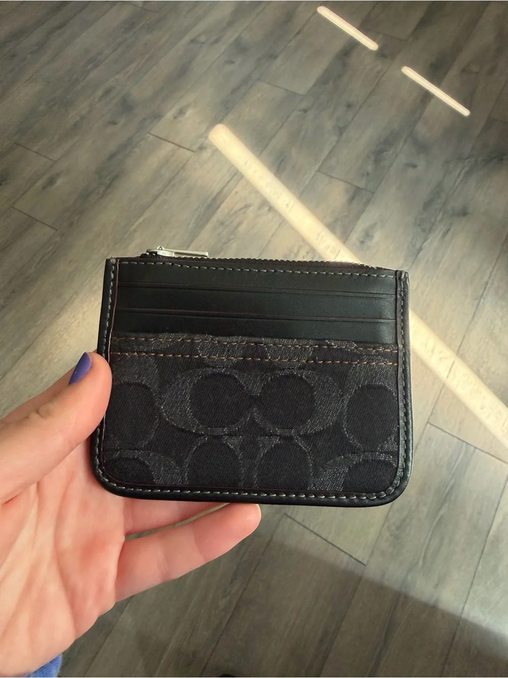 Coach black denim zip card case